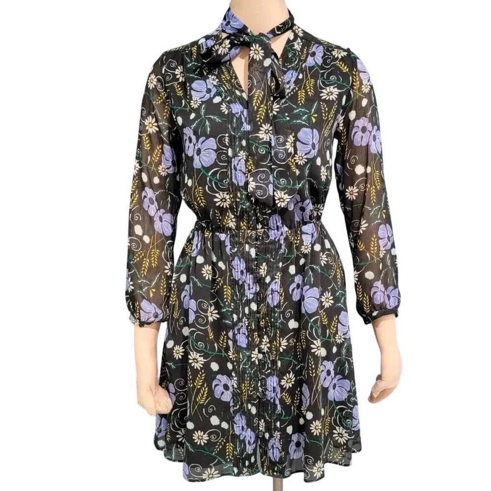 Banana Republic‎ Womens Petite XS Dark Floral Chiffon Tie Neck Mini Dress Black